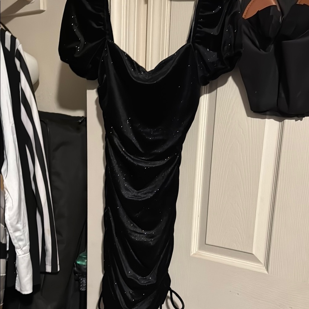 Jump Black Ruched Bodycon Dress Sweetheart Puff Sleeves